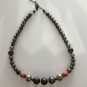 Women's Costume Necklace round metal beads mid length silver, grey, pink, clear